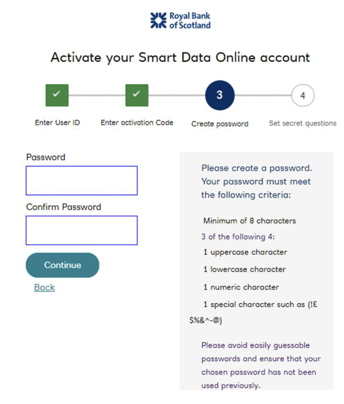 RBS Smart Data Online account create password screen’