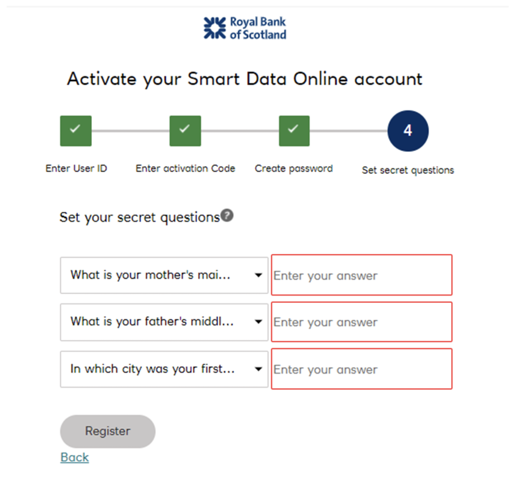 RBS Smart Data Online account set secret questions screen’
