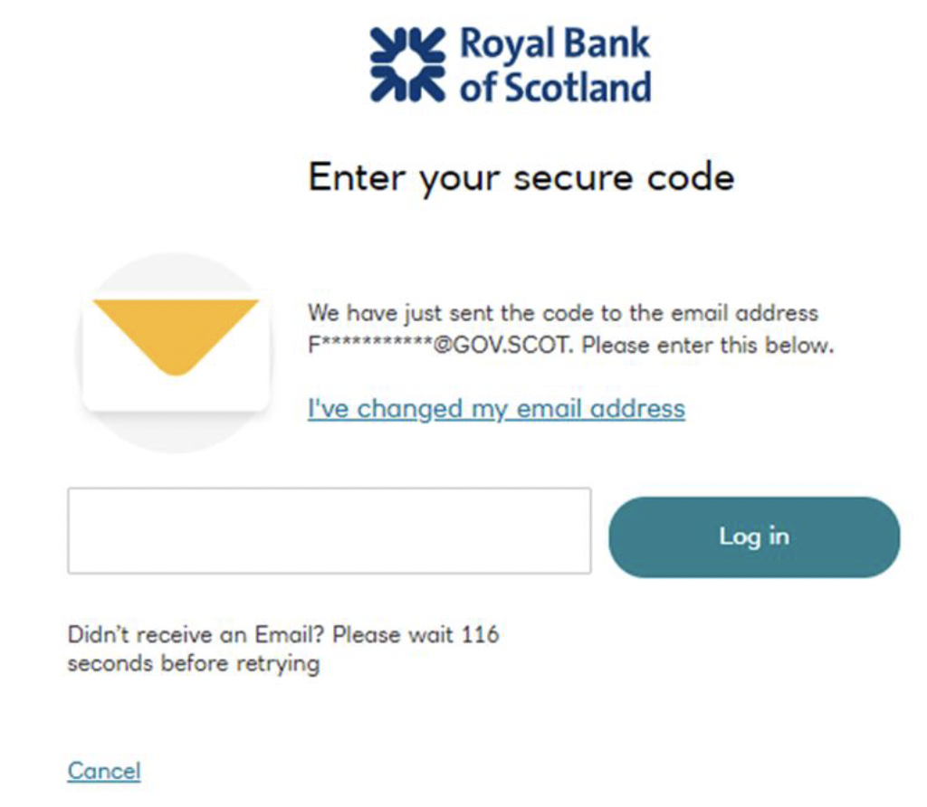 RBS Smart Data Online account One Time Passcode log in page‘