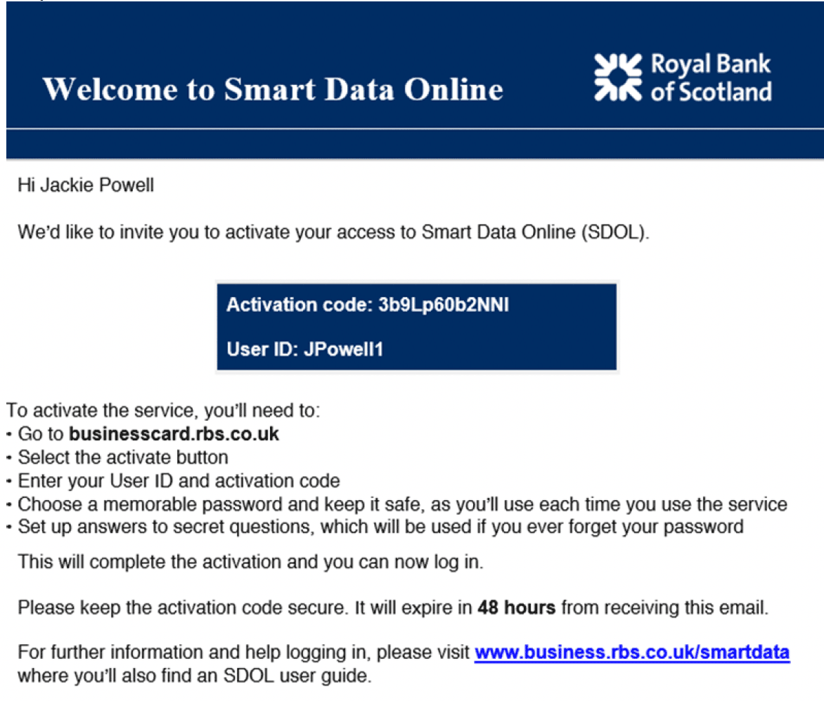 RBS Smart Data Online email activation code