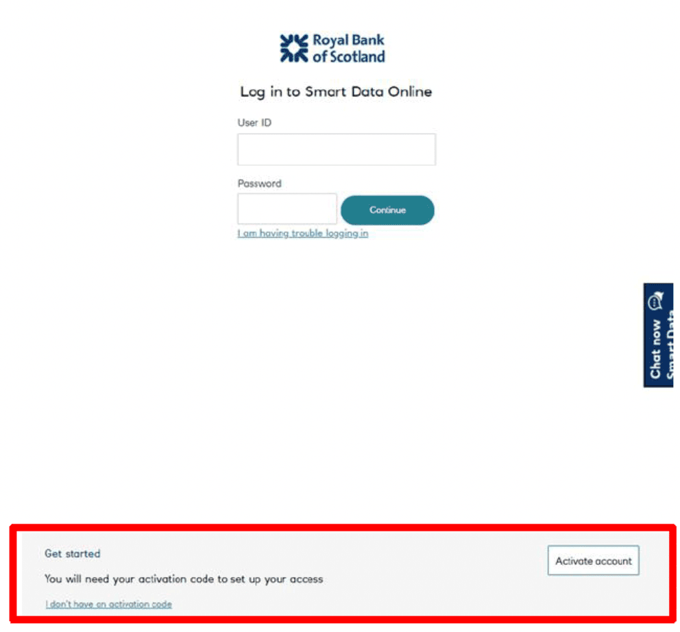 RBS Smart Data Online log in home screen 