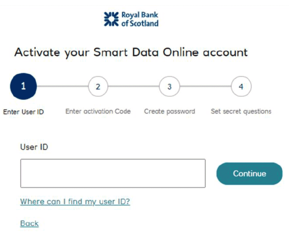 RBS Smart Data Online account activation screen