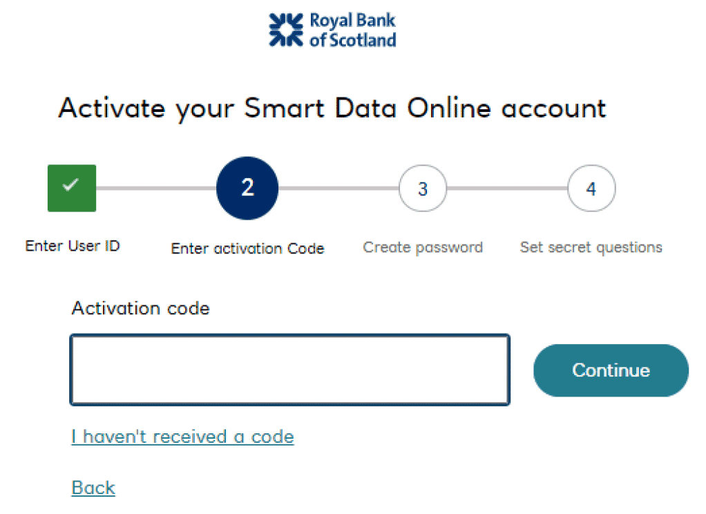 RBS Smart Data Online account activation screen