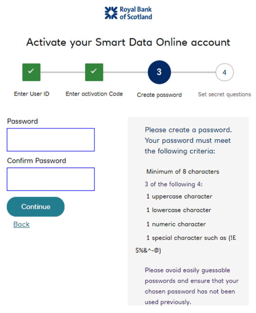 RBS Smart Data Online account create password  screen   