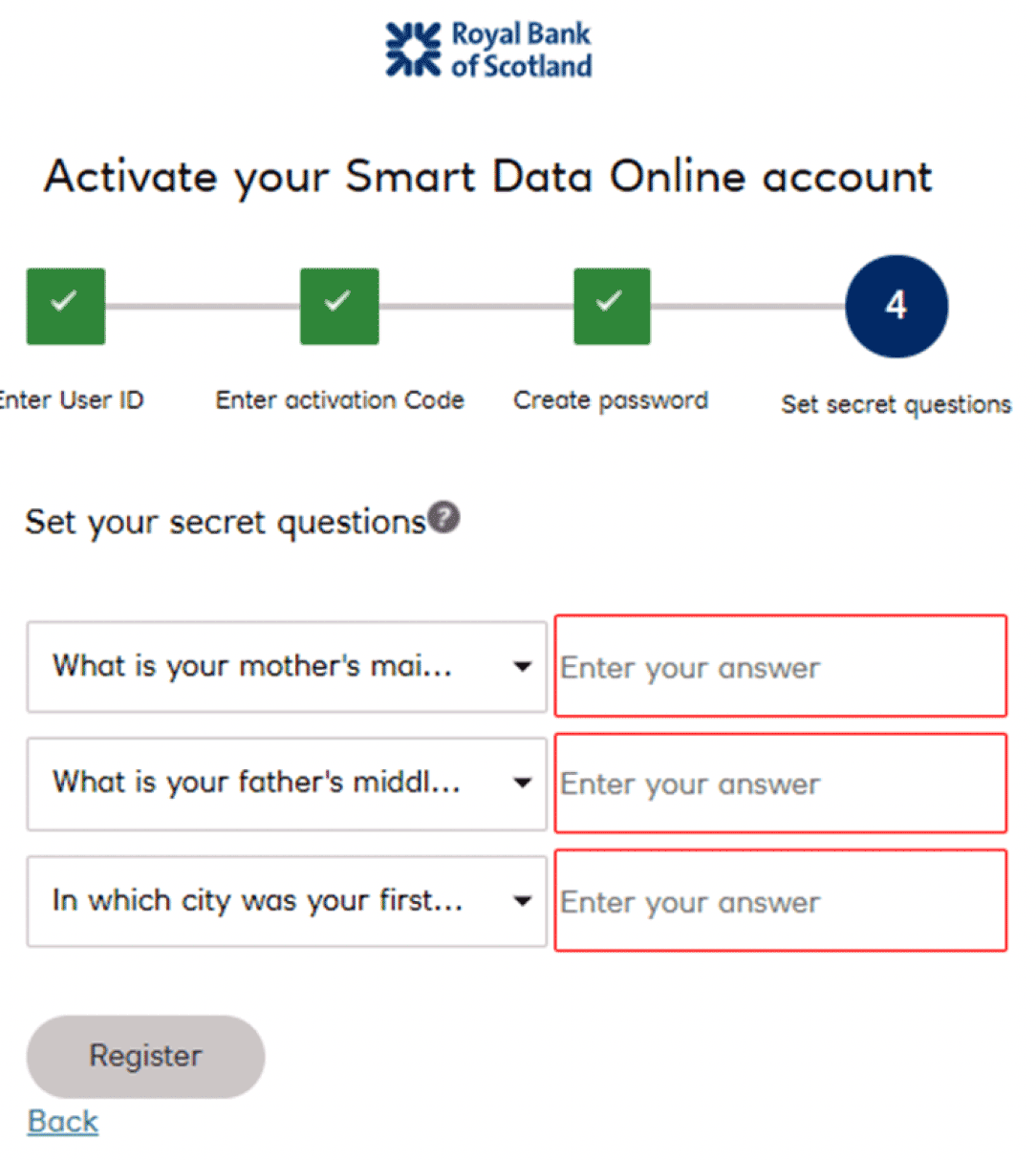 RBS Smart Data Online account set secret questions screen