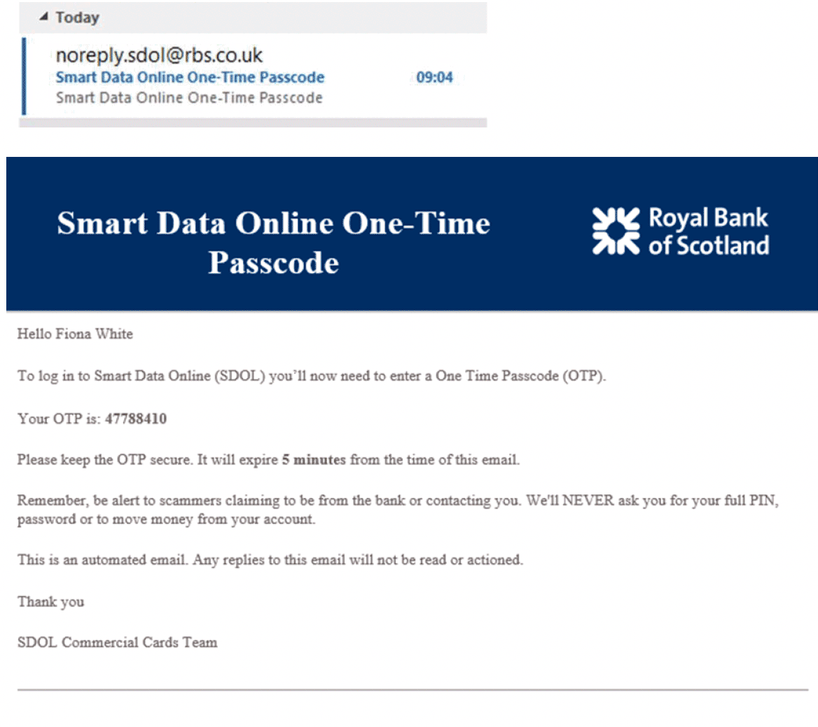 RBS Smart Data Online account email One Time Passcode email 