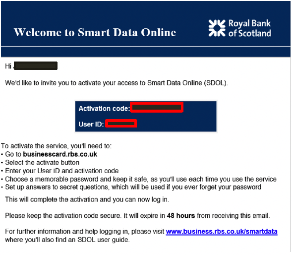 RBS Smart Data Online email activation code