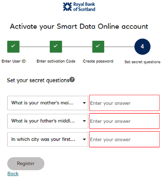 RBS Smart Data Online account set secret questions screen