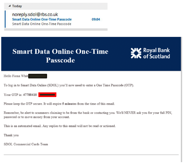 RBS Smart Data Online account email One Time Passcode