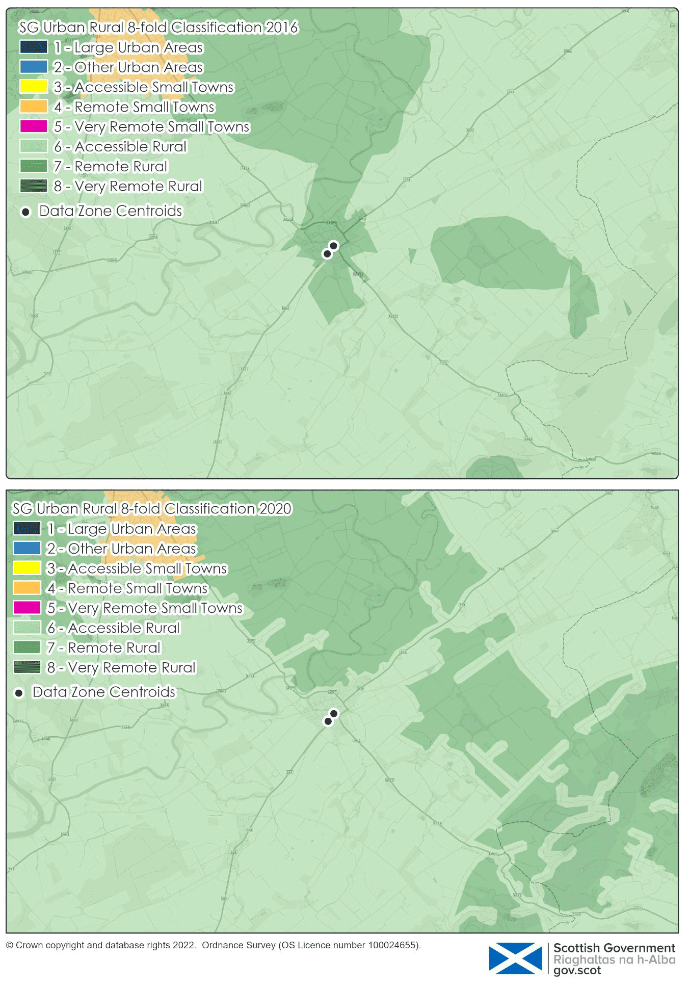 The image shows a comparison of Coupar Angus town and the surrounding area in the SG Urban Rural Classification 2016 and the SG Urban Rural Classification 2020.  In 2016, Coupar Angus town is classed as Remote Rural and in 2020 it is classed as Accessible Rural.