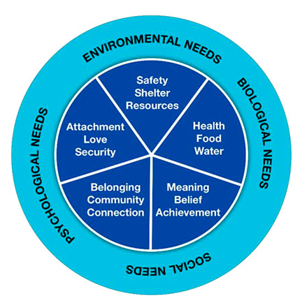 An adaptation of the ‘wheel of wellbeing’ showing the environmental, biological, social and psychological needs of an individual, that if fulfilled contribute to good positive wellbeing. Each of the needs represented in the wheel must be in place to enable optimal health. If one or more of the segments are missing, it can result in a decline in physical or mental health.