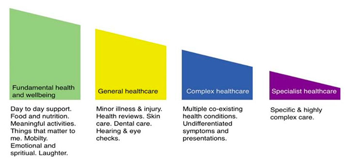 a diagram depicting the healthcare needs of people living in care homes. The largest section of the diagram represents fundamental health and wellbeing. It is greatly influenced by the local environment, the community living in the care home, professional carers, families and friends. Other healthcare provision can be categorised as general healthcare (for example dental care, minor illness or infection), complex healthcare (for example multiple co-existing conditions) and specialist healthcare which may require specialist input within a community hospital or a complex care ward.