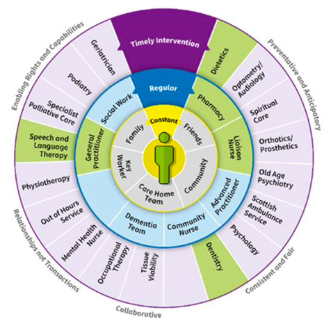 An example of the concentric wheels showing an individual with swallowing problems. The professionals involved in that persons care are highlighted. These include, GP, Pharmacist, Dentistry and Dietetics. 