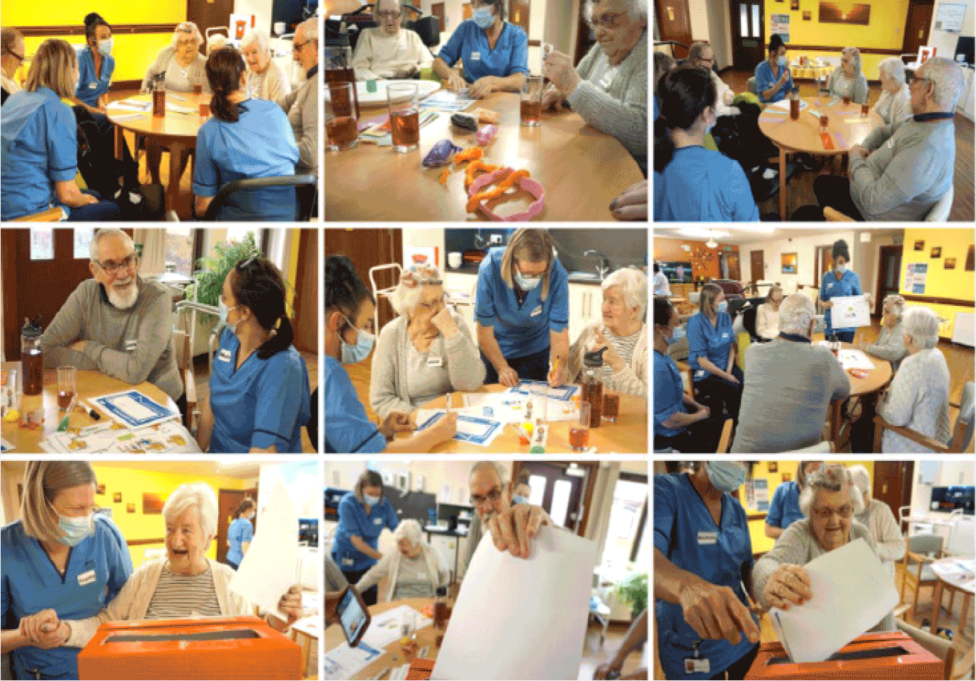 Image showing health care workers engaging with residents in the care home.