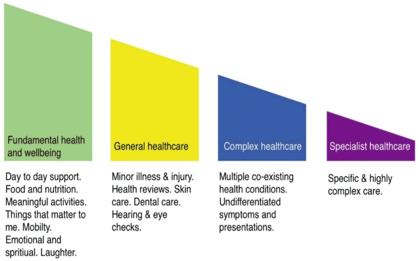 A diagram depicting the healthcare needs of people living in care homes. The largest section of the diagram represents fundamental health and wellbeing. It is greatly influenced by the local environment, the community living in the care home, professional carers, families and friends.  Other healthcare provision can be categorised as general healthcare (for example dental care, minor illness or infection), complex healthcare (for example multiple co-existing conditions) and specialist healthcare which may require specialist input within a community hospital or a complex care ward.