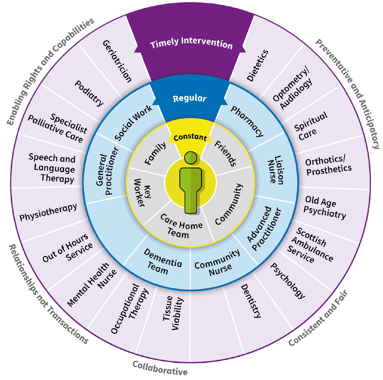 an individual at the centre of 3 concentric wheels made up of professionals who provide constant, regular and timely care. Friends and family, the community and the care home team will normally provide constant care and are shown in the inner wheel. The middle wheel is made up of professionals who may not be involved on a daily basis, but will often be providing regular healthcare advice and reviews over many weeks, months and sometimes years. For example Social Workers, or Community Nurses. The outer wheel represents a range of other health and care professionals who will provide proactive timely interventions to support the individual. For example Physiotherapist, Geriatrician or Mental Health nurse.