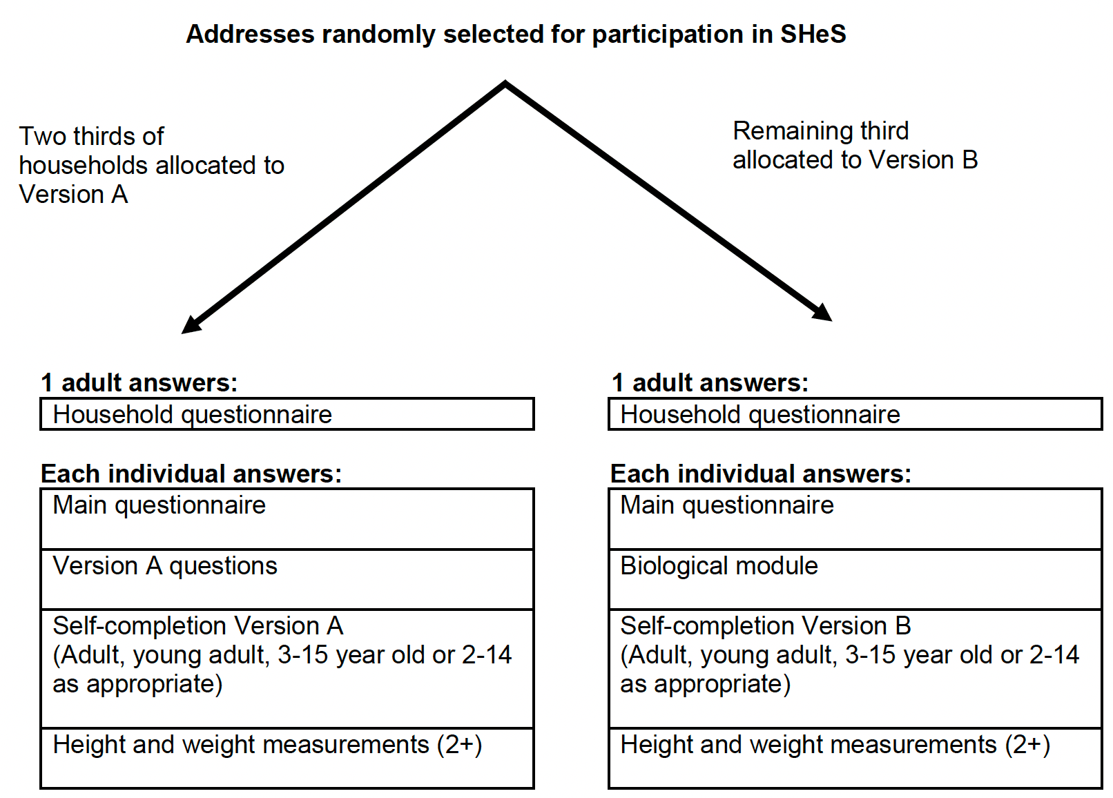 Figure 1, the Scottish Health Survey main sample allocation is shown. Two thirds of households are allocated to Version A and the remaining third is allocated to Version B.