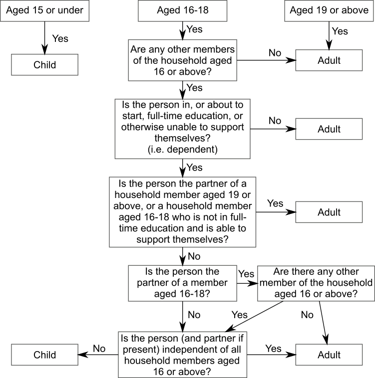 Flowchart illustrating whether to record a person as an adult or child, as persons aged 16 to 18 may be recorded as either depending on the household circumstances.