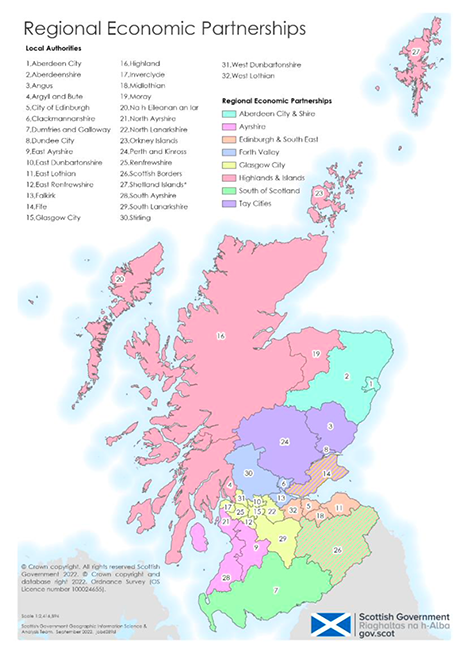 Map of Scotland’s eight Regional Economic Partnerships, showing which Local Authorities are included, and the boundaries between each of the eight partnership groups.