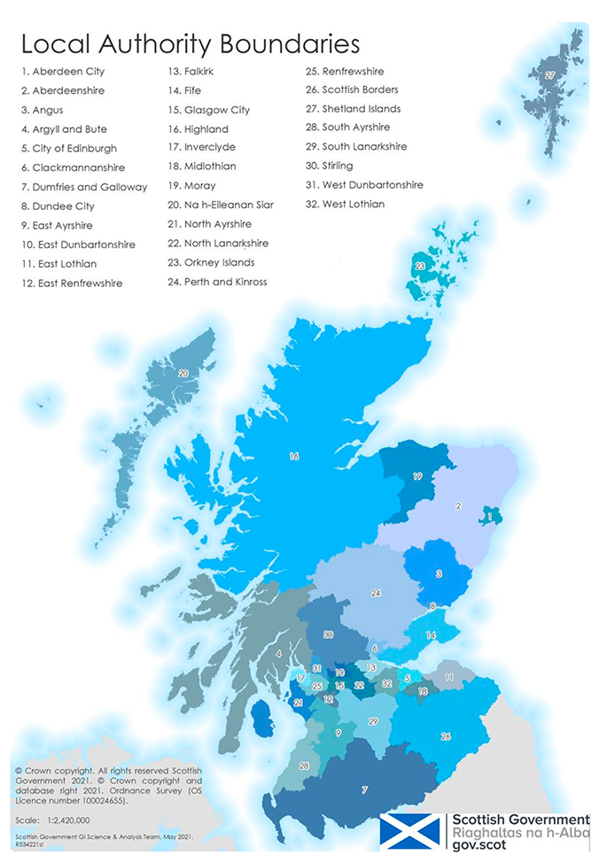 Map of all Scotland’s 32 Local Authorities, showing the boundaries between each one.