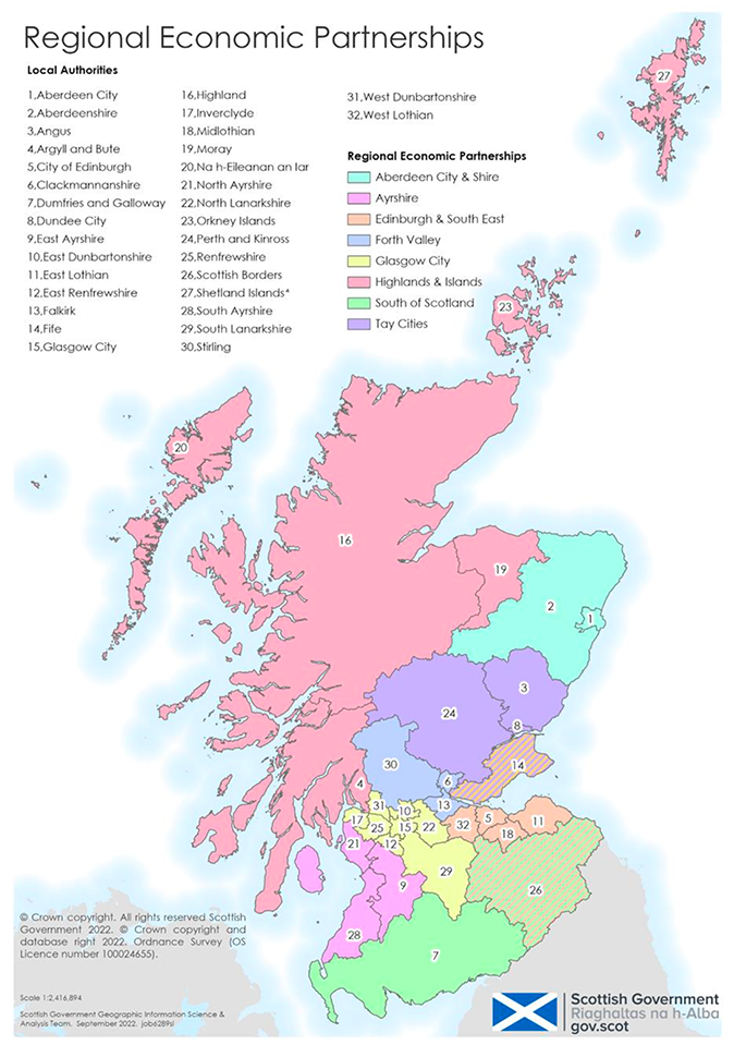 Map of Scotland’s eight Regional Economic Partnerships, showing which Local Authorities are included, and the boundaries between each of the eight partnership groups.