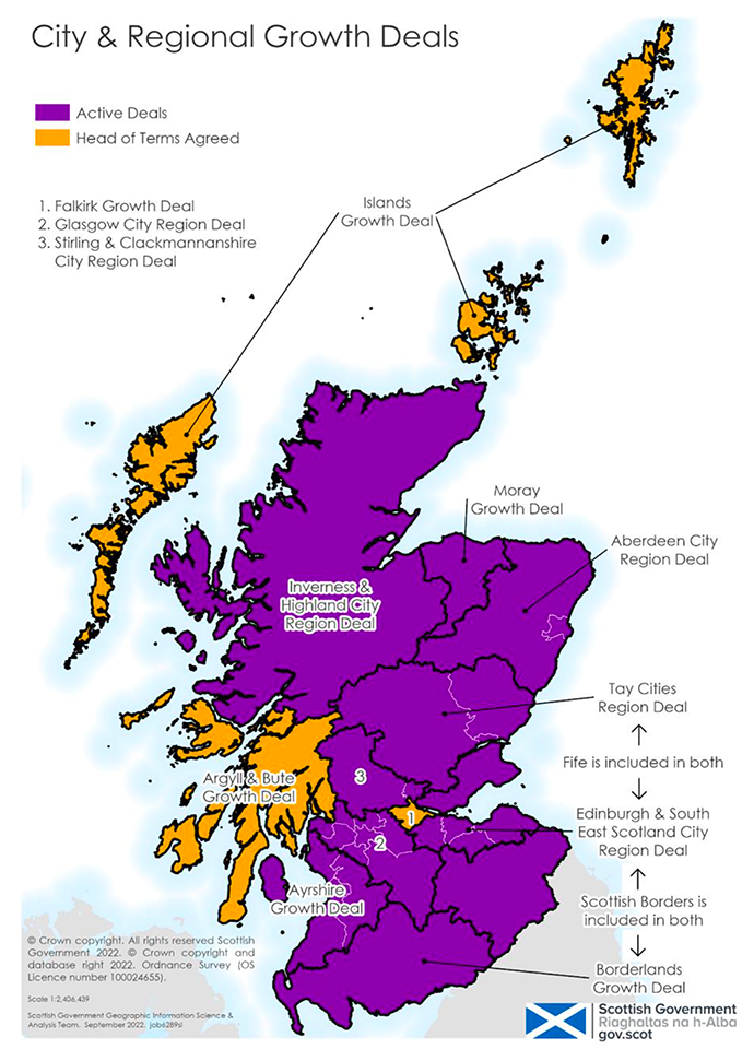 Map of Scotland’s twelve City Region and Growth Deals, showing the Local Authorities included in each Deal, and the boundaries between each of the Deals.