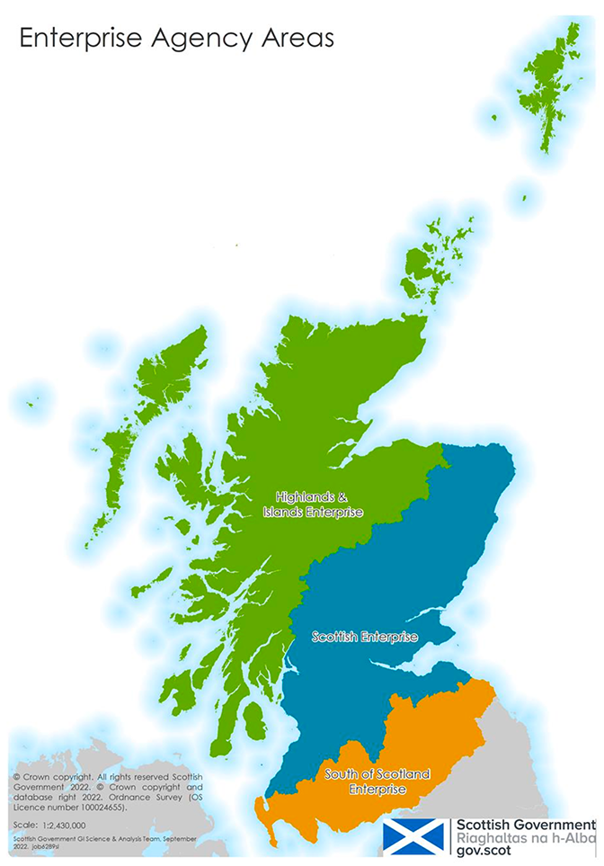 Map of Scotland’s three Enterprise Agencies, showing the boundaries between Highlands and Islands Enterprise, Scottish Enterprise, and the South of Scotland Enterprise