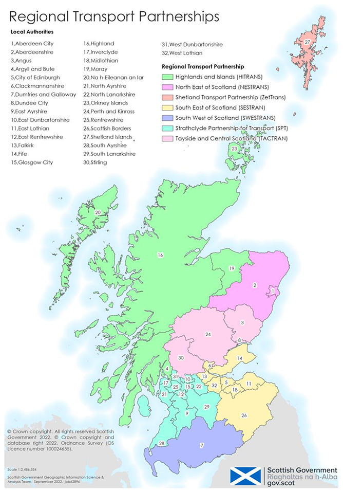Map of Scotland’s seven Regional Transport Partnerships, showing the Local Authorities included in each partnership, and the boundaries between them. 