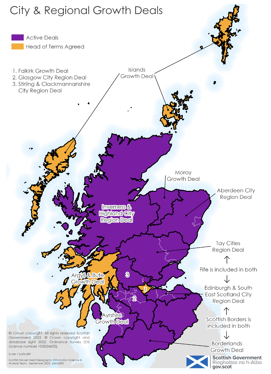 Map of Scotland’s twelve City Region and Growth Deals, showing the Local Authorities included in each Deal, and the boundaries between each of the Deals. 