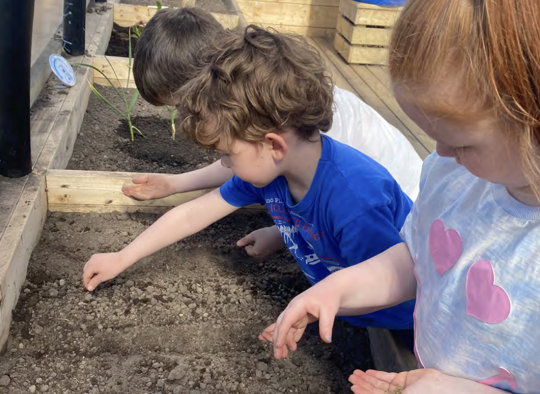 Young children planting seeds in compost.