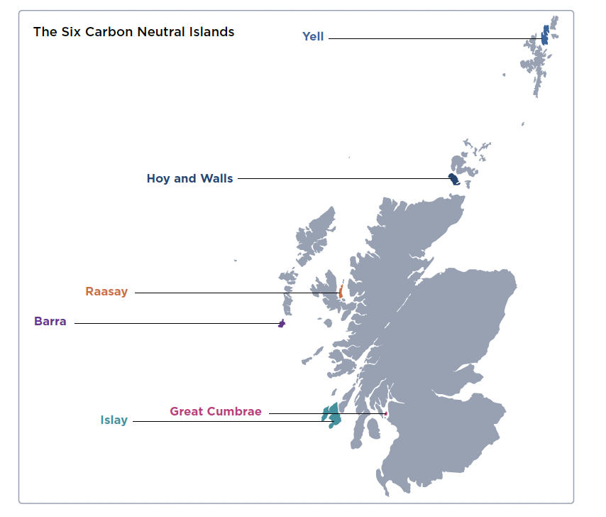 The map shows the geographical locations of the six Carbon Neutral Islands.