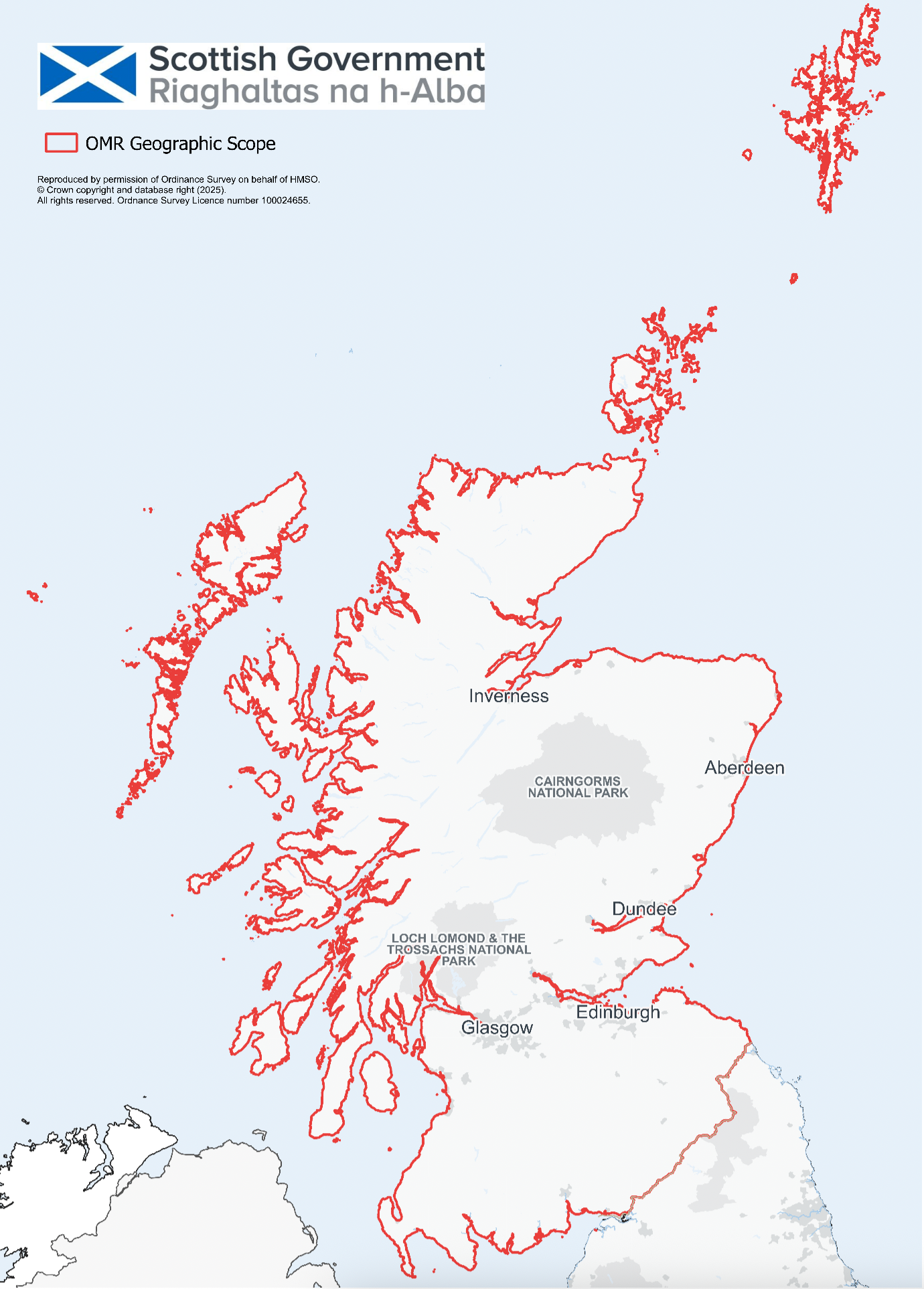 A map showing the geographic scope of the Open Market Review - that being the entirety of Scotland. 