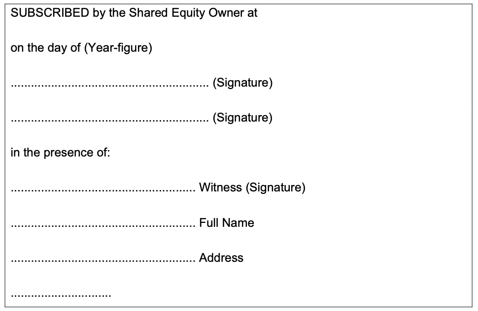 Image of the declaration and witnessing of the shared equity owners signature.