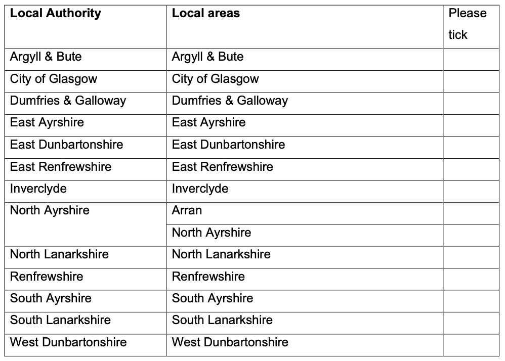 Image of table within the application form to select a local authority area.