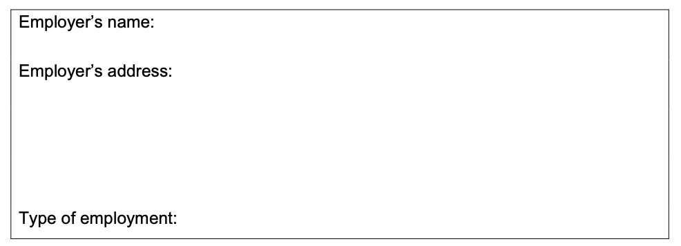 Image of table within the application form for the first applicant’s employment information including employers contact details and employment type.