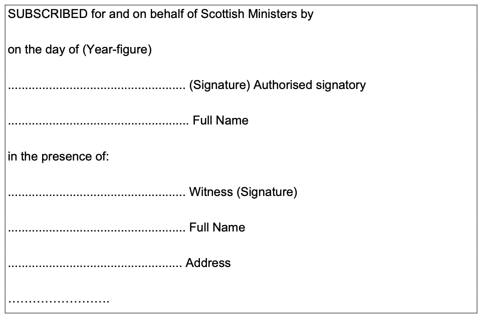 Image of the declaration and witnessing of the representatives of the Scottish Ministers signature.