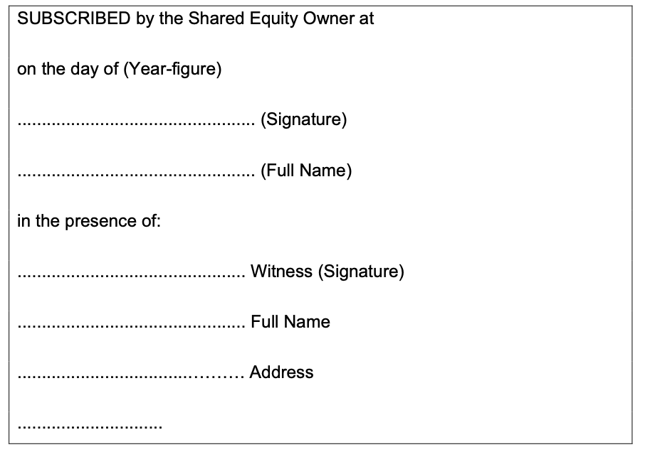 Image of the declaration and witnessing of the shared equity owners signature.