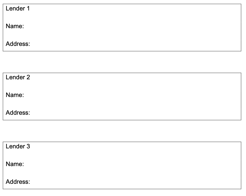 Image of text boxes to provide the names and addresses of lenders that the applicant/s have contacted regarding a mortgage. 
