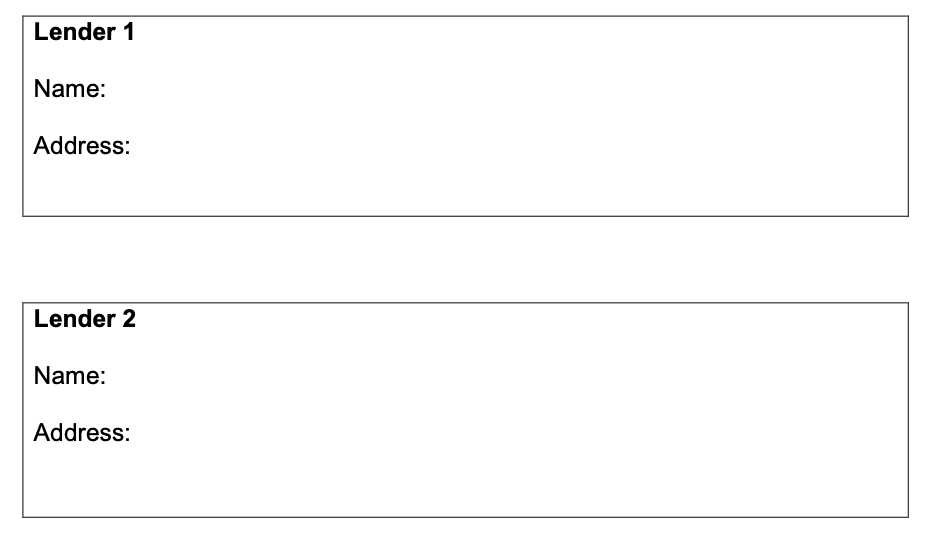 Image of text boxes to provide the names and addresses of lenders that the applicant has contacted to allow the administering agent to contact those lenders to release information about the applicant/s financial situation that they may need to complete the assessment of their application. 
