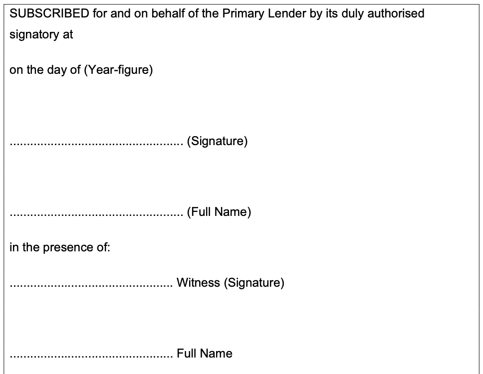 Image of the declaration and witnessing of the representatives of the lenders signature.
