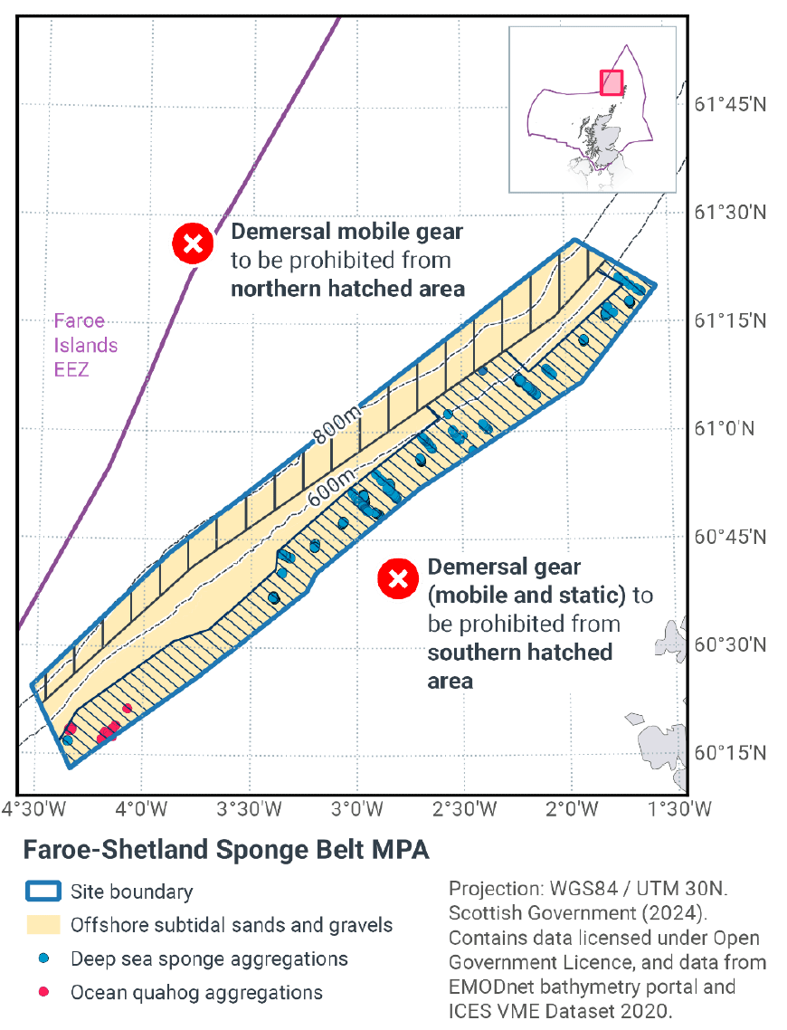 This map shows the Faroe-Shetland Sponge Belt&nbsp;MPA. The site boundary is outlined in blue. Demersal mobile gear is banned in the northern diagonally hatched area. Demersal mobile and demersal static gear is banned in the southern area. An inset map shows the site location to the North of Scotland.