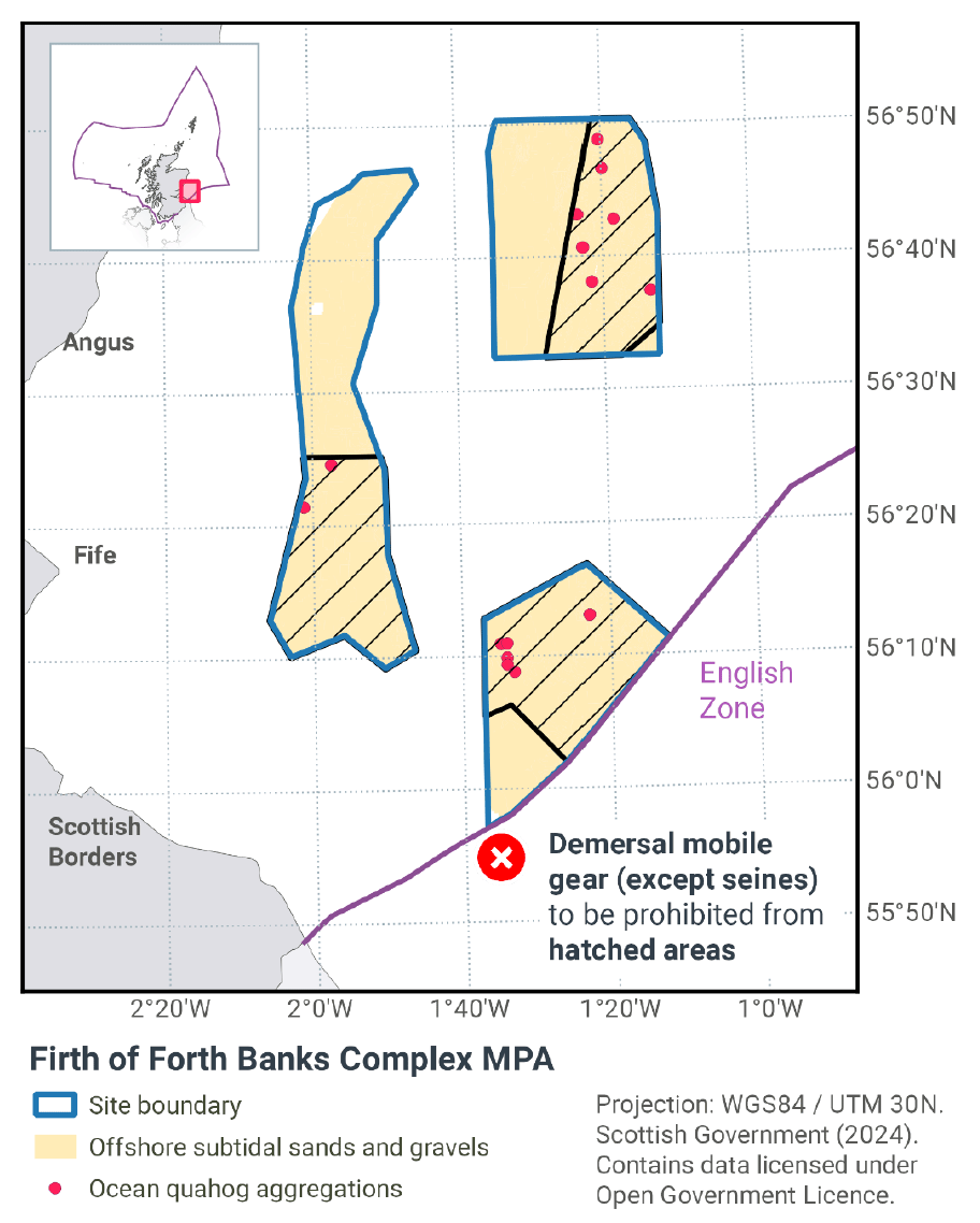 This map shows the Firth of Forth Banks Complex&nbsp;MPA, located off the southeast coast of Scotland. The site is split into three areas, each outlined in blue. Hatched zones show where demersal mobile gear, except seines, is not allowed. Yellow shading indicates offshore sands and gravels. Red dots mark ocean quahog aggregations.