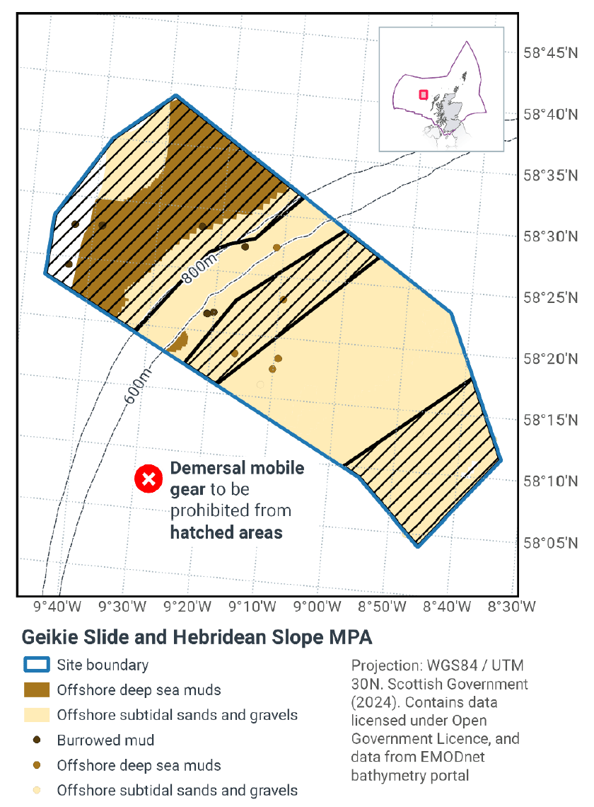 This map shows the Geikie Slide and Hebridean Slope&nbsp;MPA&nbsp;west of Scotland. The site is outlined in blue and shows bathymetric lines at 600 m and 800 m depth. Three hatched areas mark zones where demersal mobile gear is not allowed. An inset shows the&nbsp;MPA’s location within Scottish waters.