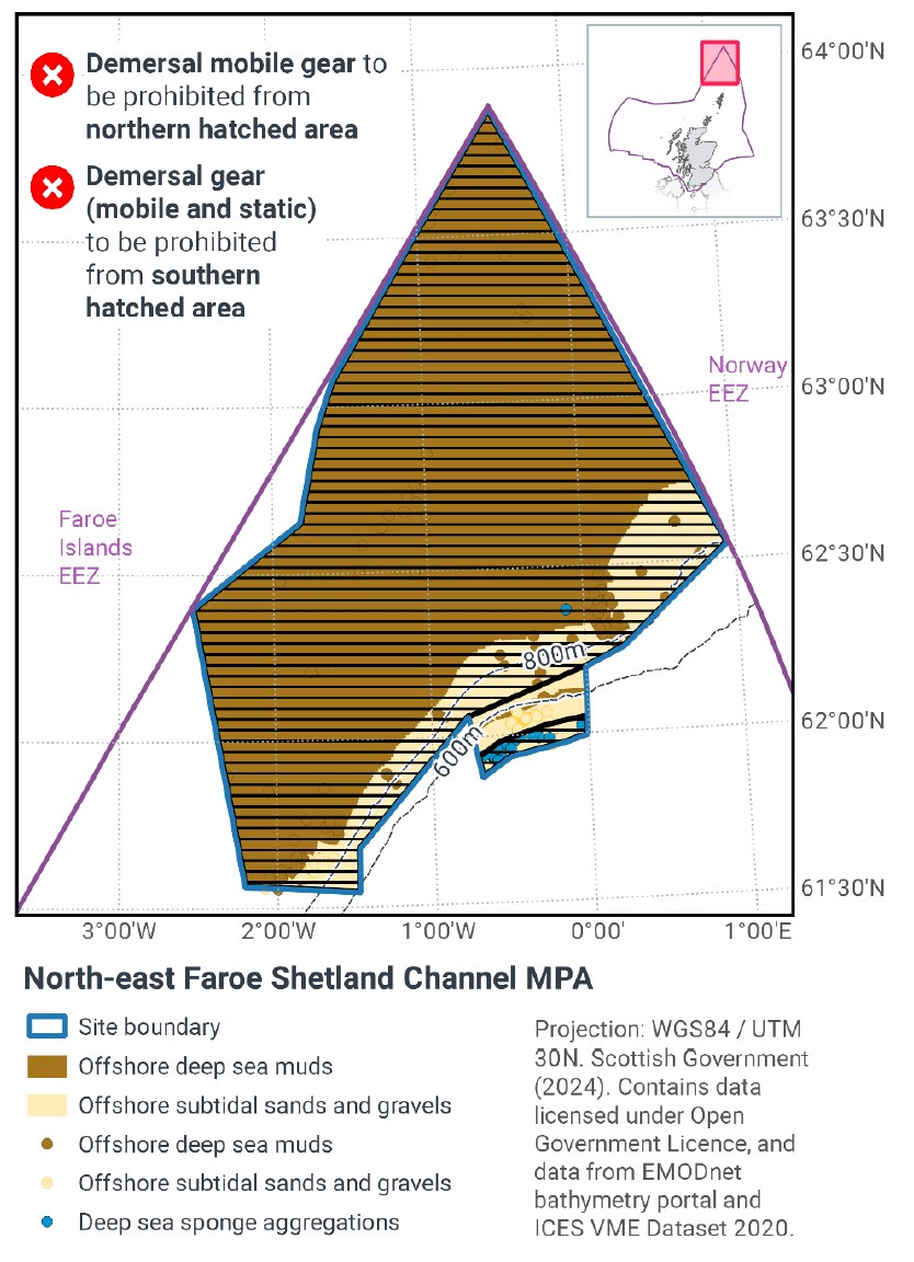 This map shows the North-east Faroe Shetland Channel&nbsp;MPA. The site boundary is outlined in blue. The northern hatched area restricts demersal mobile gear, and the southern hatched area restricts both mobile and static gear. Deep-sea muds and sands distribution are shown. Blue dots mark deep-sea sponge aggregations. The map includes 600 m and 800 m depth contours. An inset map shows the site's location northeast of Scotland.