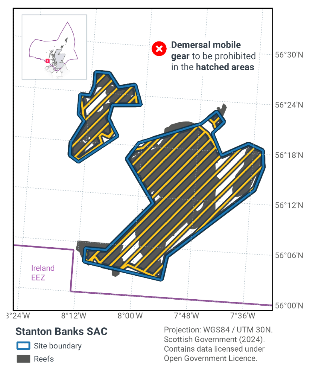 This map shows Stanton Banks&nbsp;SAC. There are three hatched zones showing where demersal mobile gear is prohibited. An inset map shows the site location to the west of Scotland.