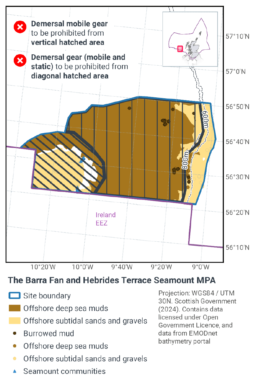 This maps shows The Barra Fan and Hebrides Terrace Seamount&nbsp;MPA. It includes offshore deep sea muds, sands, burrowed mud, and seamount communities. The vertical hatched area prohibits demersal mobile gear; diagonal hatched area prohibits all demersal gear. An inset map shows the site location to the west of Scotland.