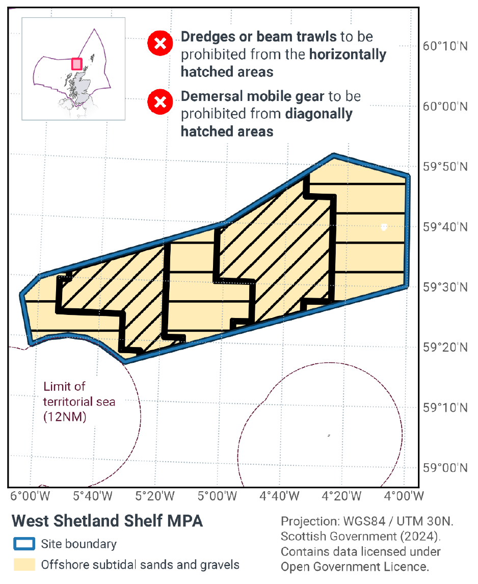 This map shows the West Shetland Shelf&nbsp;MPA, outlining site boundaries and sediment types. Horizontal hatching shows zones where dredges or beam trawls are banned; diagonal hatching indicates areas where demersal mobile gear is prohibited. An inset map shows the site location to the west of Scotland.
