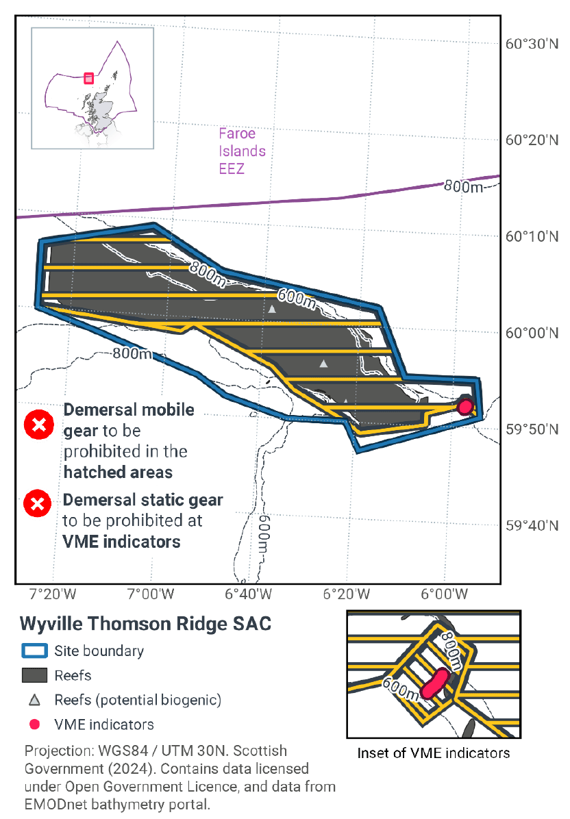 This map shows the Wyville Thomson Ridge&nbsp;SAC&nbsp;showing the boundary of the site and gear management measures. Demersal mobile gear is to be prohibited in the hatched areas. Demersal static gear is to be prohibited at&nbsp;VME&nbsp;indicators. Site features include reefs, potential biogenic reef, and&nbsp;VME&nbsp;indicators, with 600 m and 800 m depth contours marked. An inset map shows the site location to the west of Scotland.