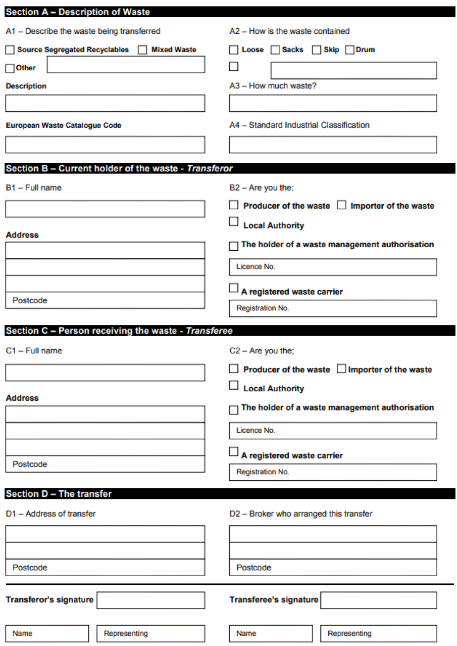 Image shows an example waste transfer form.