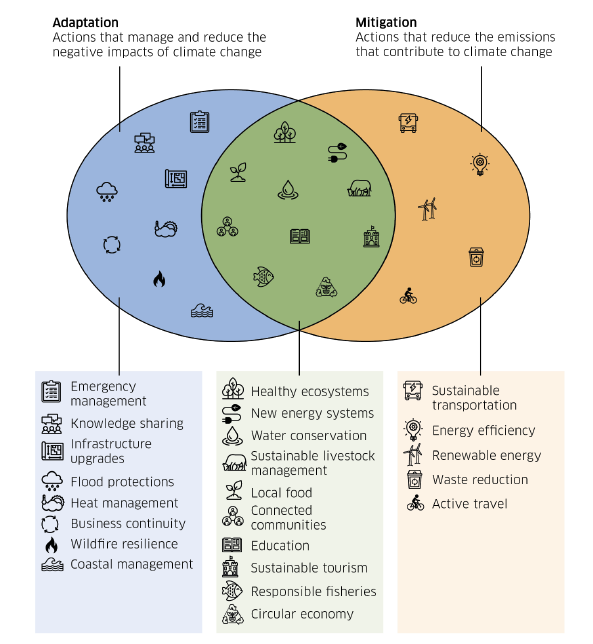 Venn diagram illustrating mitigation and adaptation actions, and where there is cross-over between the two.